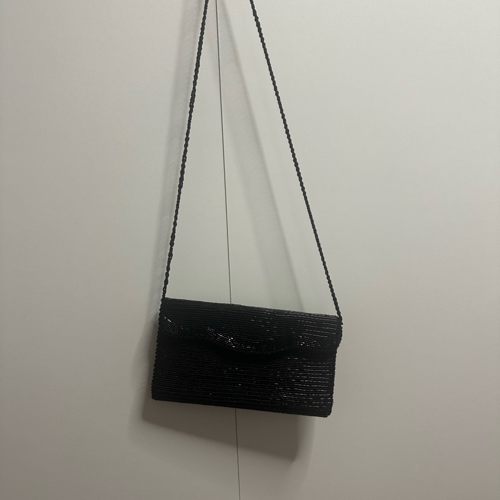 Handmade Black Beaded Evening Purse Vintage 80s/90s, Satin Interior
